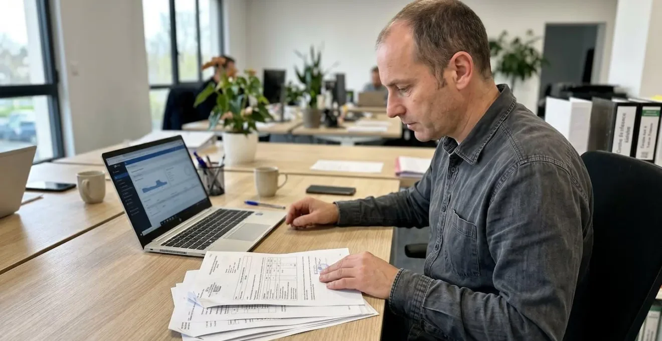 Un dirigeant d'entreprise consulte attentivement des documents administratifs sur son bureau dans un espace de travail lumineux