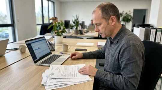 Un dirigeant d'entreprise consulte attentivement des documents administratifs sur son bureau dans un espace de travail lumineux