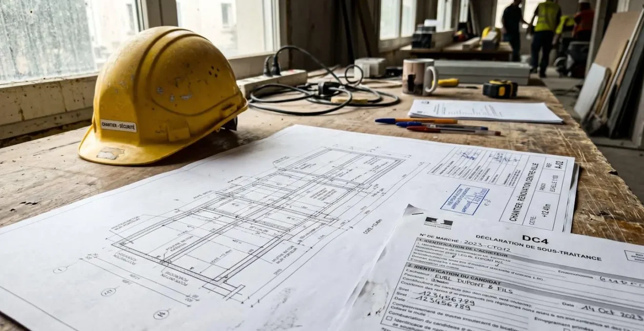 Deux professionnels du bâtiment échangent des documents techniques sur un chantier en cours de construction