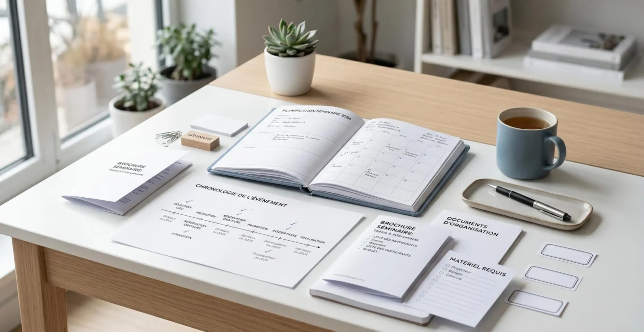 Documents de planification et timeline disposés sur un bureau pour l'organisation d'un séminaire d'intégration