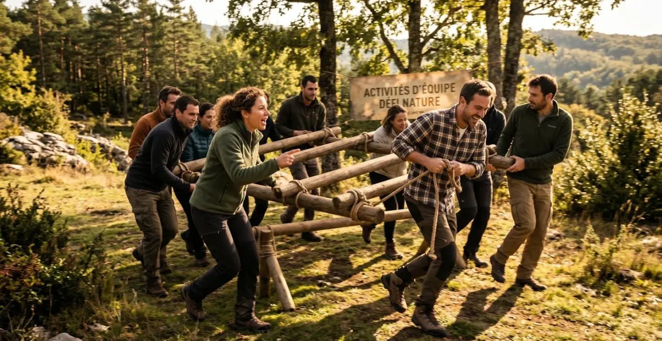 Équipe de collaborateurs participant à une activité team-building en extérieur dans un cadre naturel