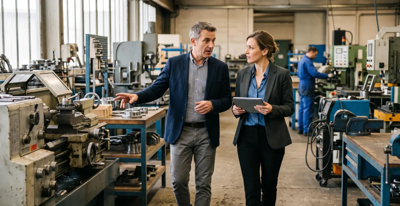 Dirigeant de PME et conseiller financier discutant stratégie en parcourant l'atelier de production