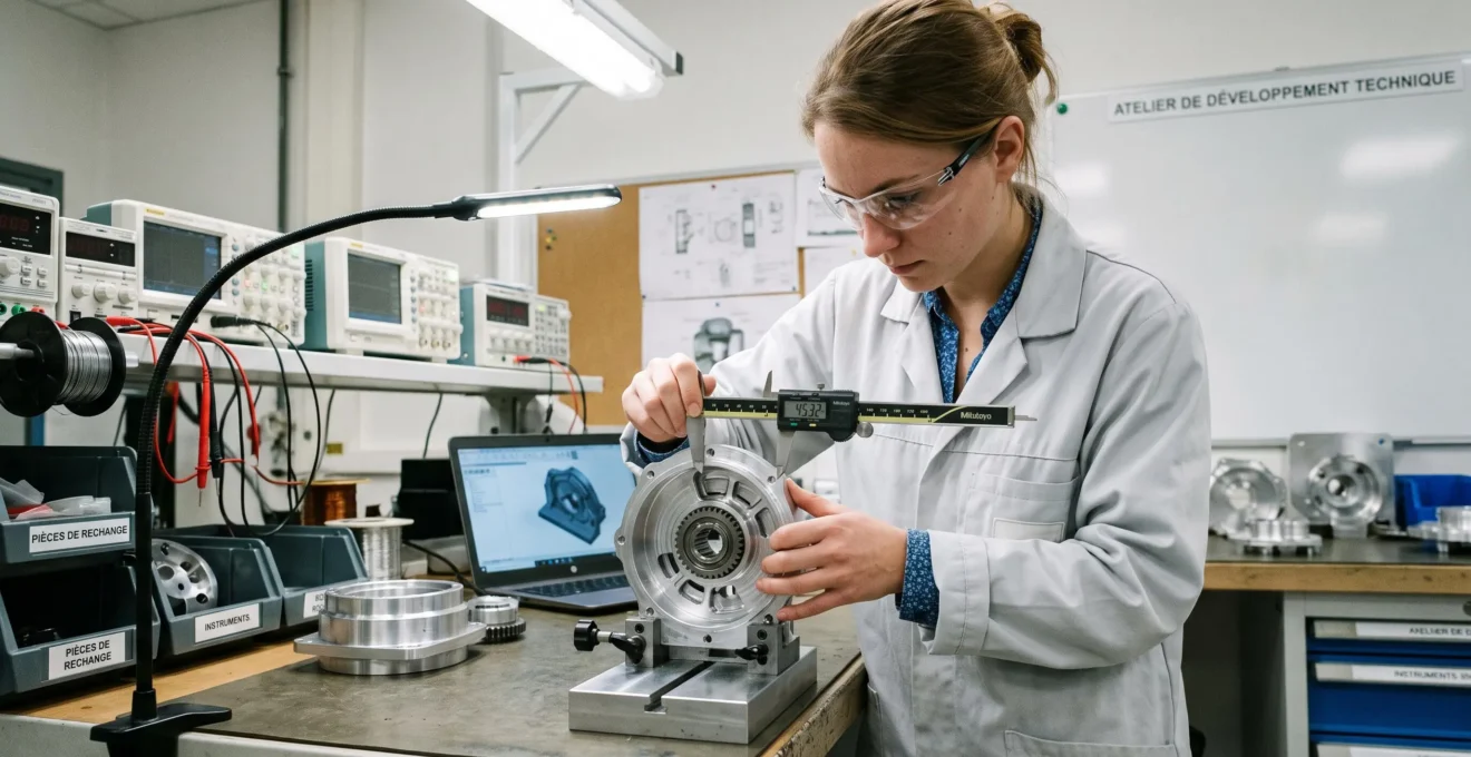 Ingénieur effectuant des mesures de précision sur un composant prototype dans un laboratoire de PME