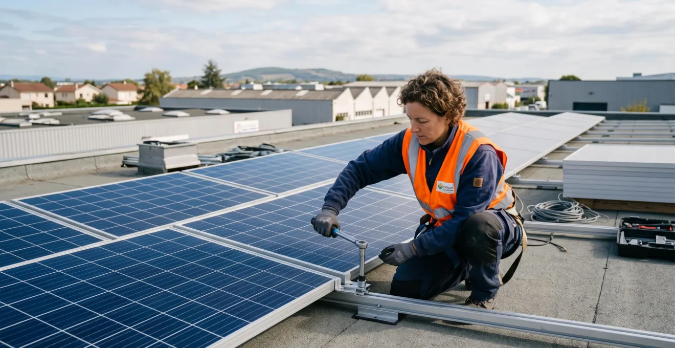 Technicien installant des panneaux solaires sur le toit d'un bâtiment industriel de PME française