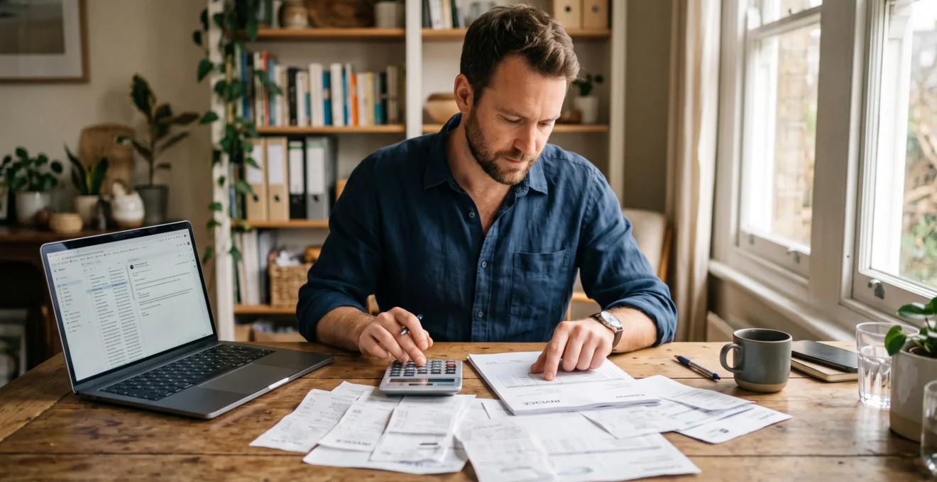 Un consultant indépendant examine des justificatifs de frais avec une calculatrice à son bureau.
