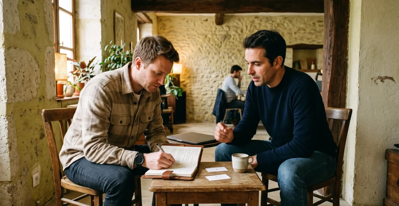 Deux entrepreneurs échangent des notes et cartes de visite dans un espace de travail provençal