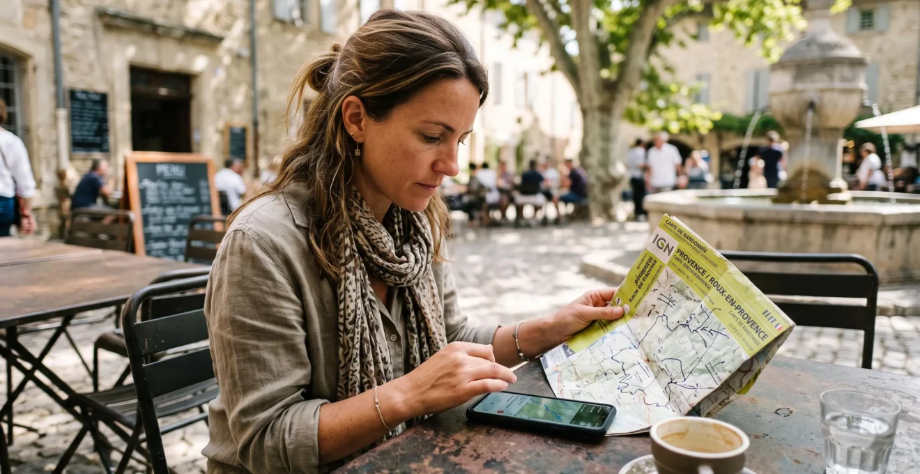 Une femme consulte son téléphone à la terrasse d'un café provençal avant un événement
