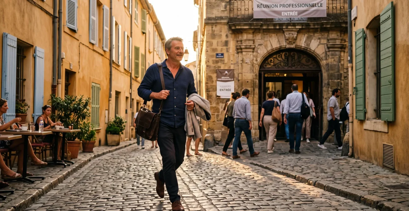 Un professionnel marche vers un lieu de rendez-vous dans une rue pavée provençale
