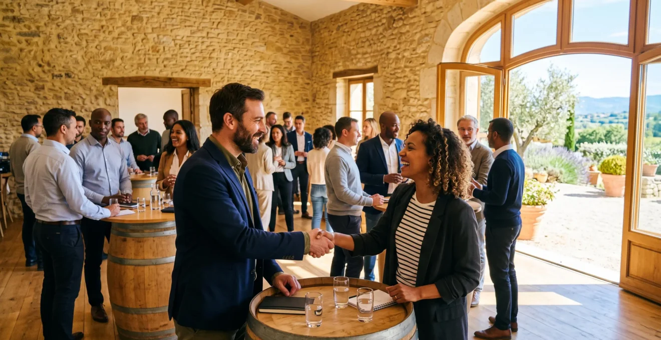 Professionnels échangent et se serrent la main lors d'un événement de networking en Provence
