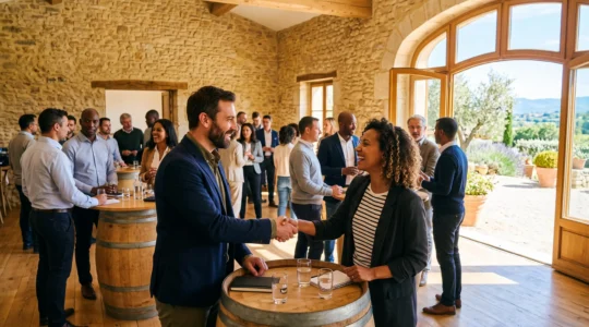 Professionnels échangent et se serrent la main lors d'un événement de networking en Provence