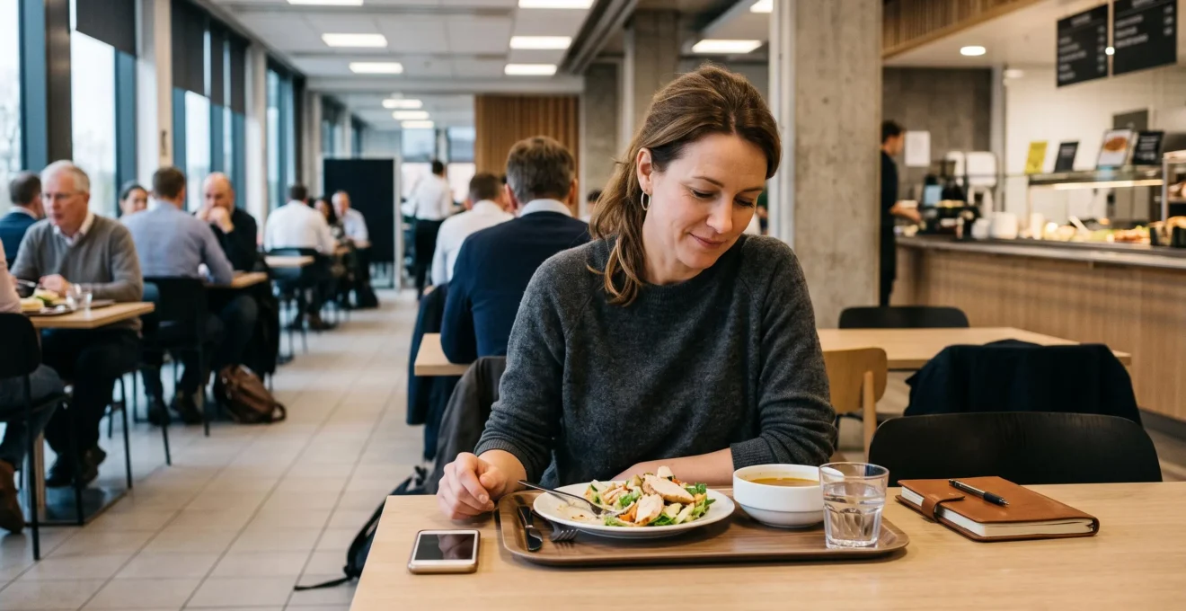 Une salariée portée prend son déjeuner dans une cantine d'entreprise en pause midi.